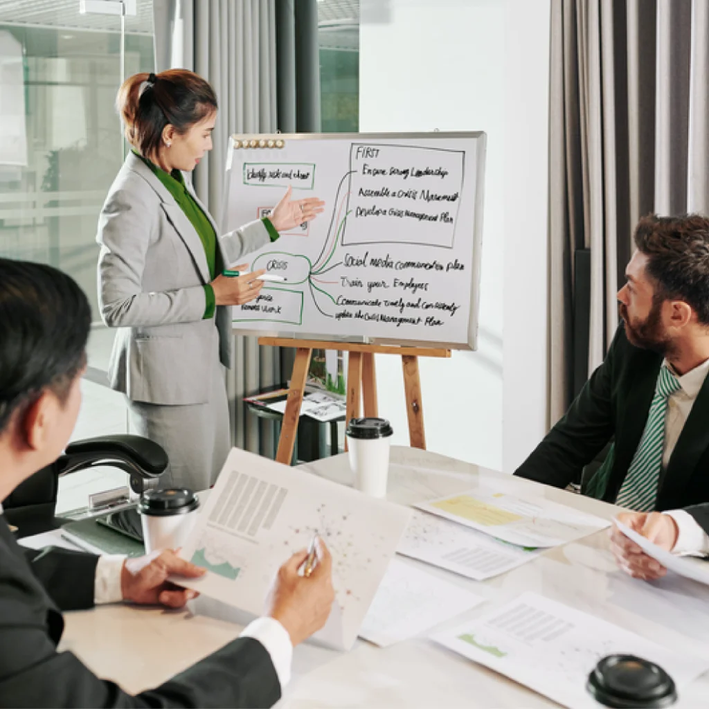 Drei Personen, bestehend aus einer Frau in Businesskleidung steht an einer Flipchart und zwei Maenner sitzen in Anzuegen an einem Tisch mit Dokumenten und schauen auf die Flipchart