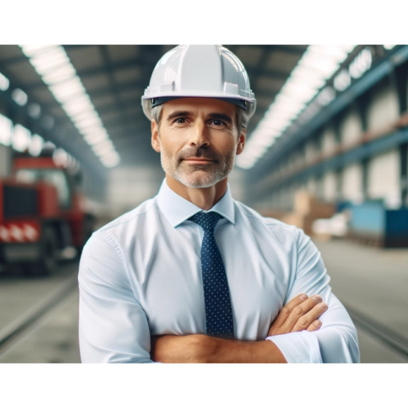 ein Manager steht mit einem Helm in einer Halle und laechelt in die Kamera