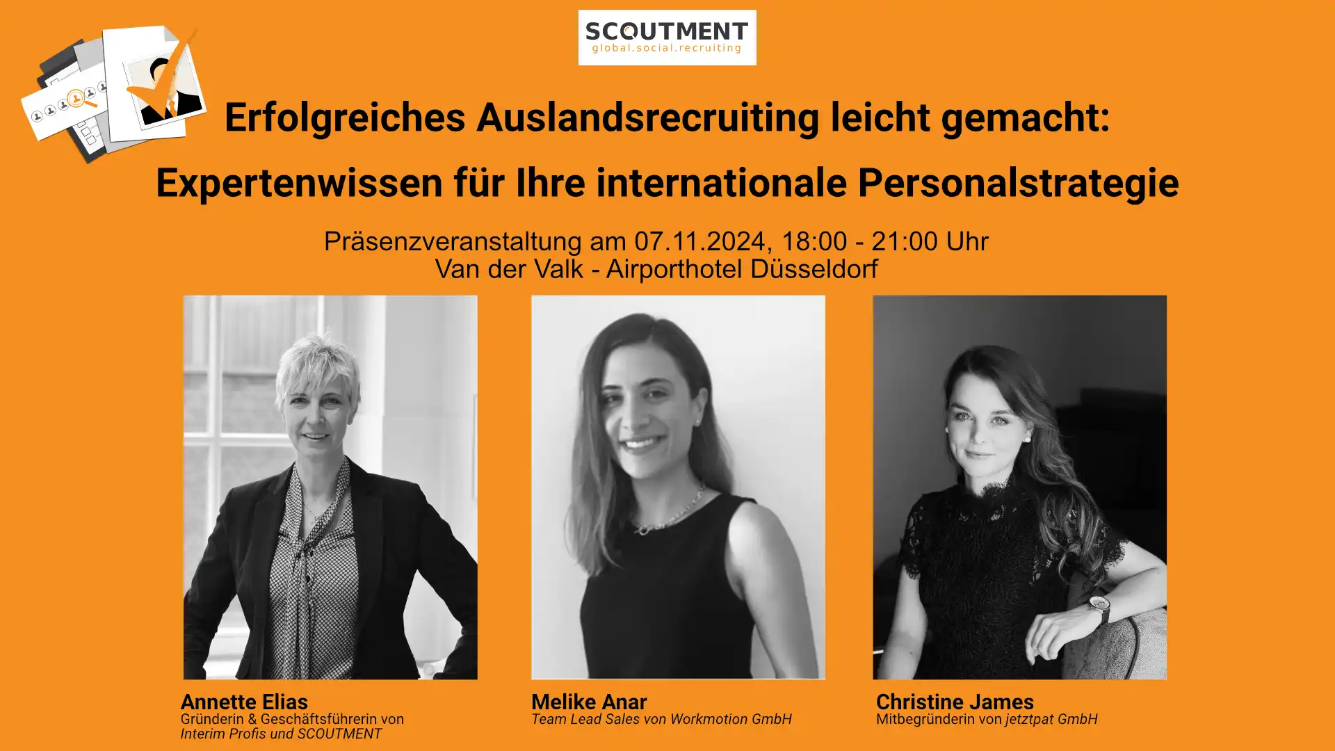 Ein Flyer von der Auslandsrecruiting-Veranstaltung mit den Profilbildern von Annette Elias, Melike Anar, von Workmotion GmbH und Christine James von jetztpat GmbH