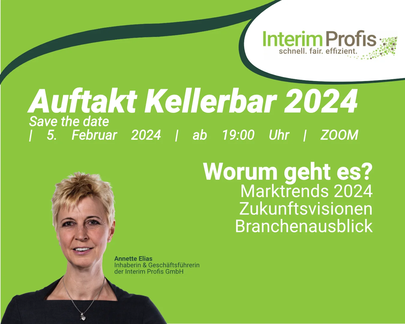 Flyer mit Portrait mit Annette Elias und Beschreibung der Online Veranstaltung am 5 Februar 2024